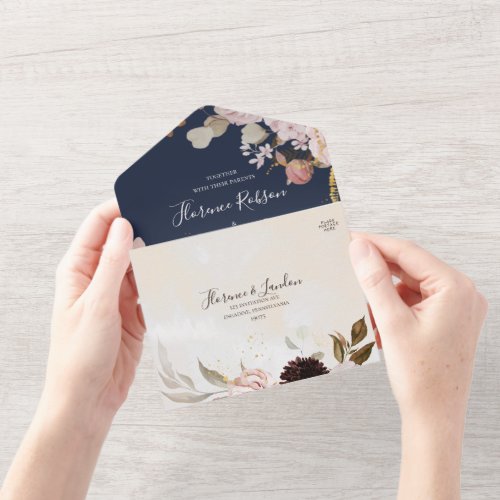 Modern Blush Floral Navy and Marble Seal And Send All In One Invitation