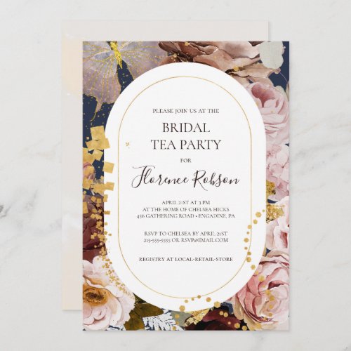 Modern Blush Floral  Navy Bridal Tea Party Invitation