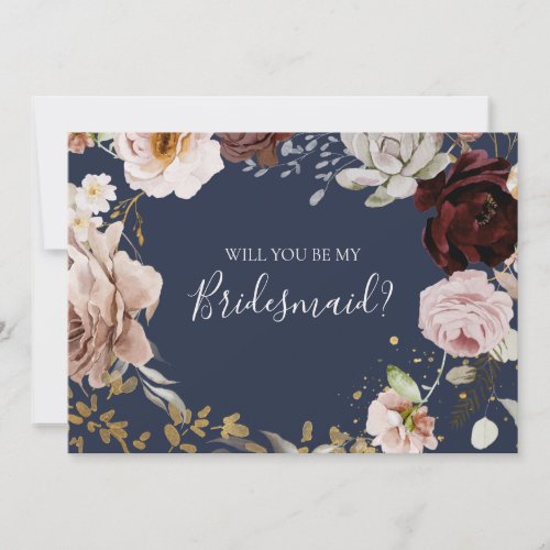 Modern Blush Floral Navy Bridesmaid Proposal Card