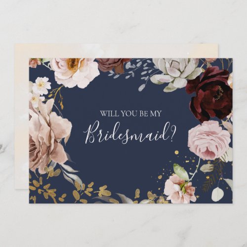 Modern Blush Floral Navy Bridesmaid Proposal Card