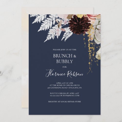 Modern Blush Floral  Navy Brunch and Bubbly Invitation