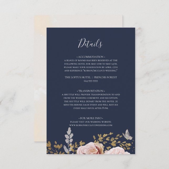 Modern Blush Floral | Navy Details Enclosure Card (Front/Back)