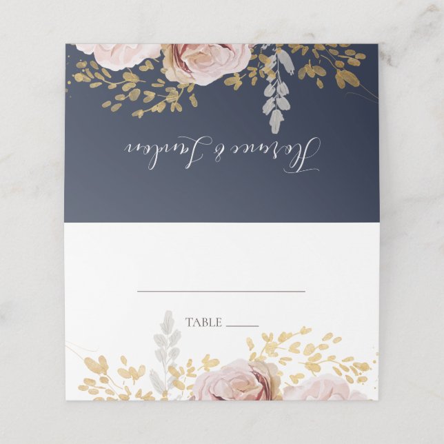 Modern Blush Floral | Navy Folded Place Card (Outside Unfolded)
