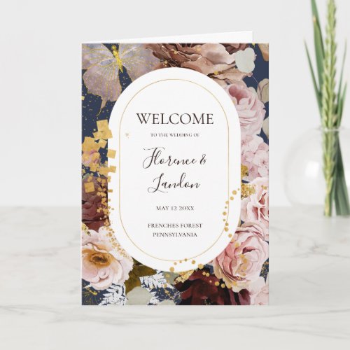 Modern Blush Floral  Navy Folded Wedding Program