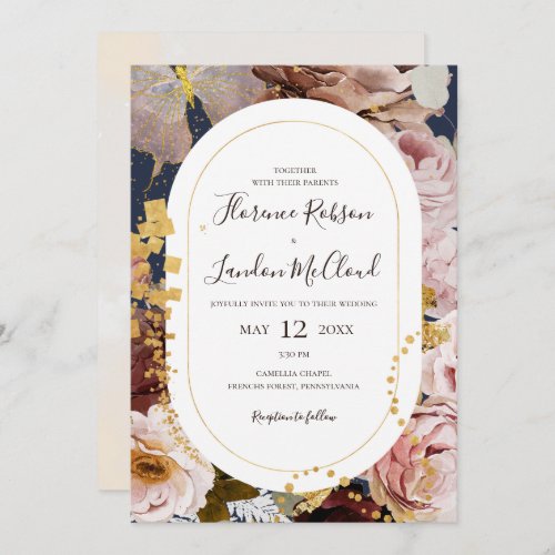 Modern Blush Floral  Navy Frame Casual Wedding Invitation
