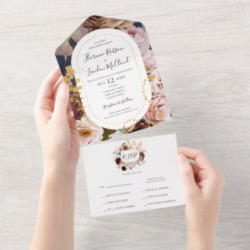 Modern Blush Floral  Navy Frame Seal And Send All In One Invitation