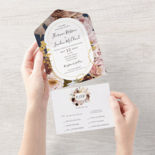 Modern Blush Floral   Navy Frame Seal And Send All In One Invitation