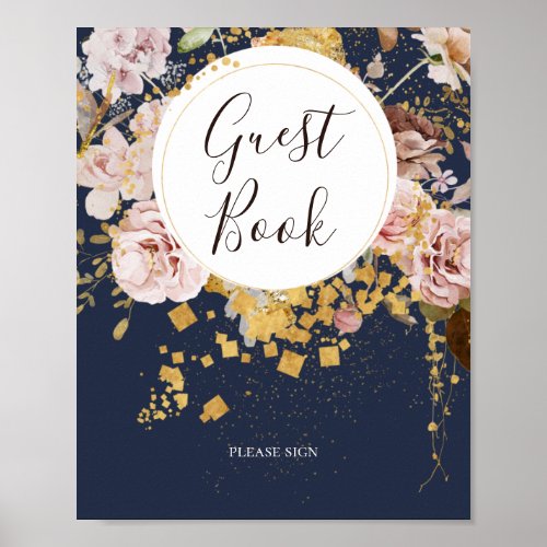 Modern Blush Floral  Navy Guest Book Sign