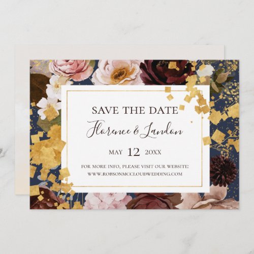 Modern Blush Floral  Navy Horizontal Save The Dat Save The Date