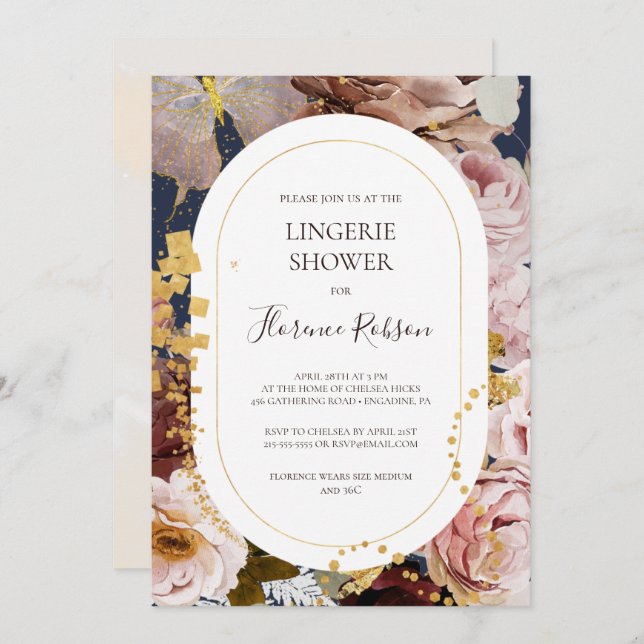 Modern Blush Floral | Navy Lingerie Shower Invitation (Front/Back)