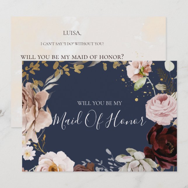 Modern Blush Floral | Navy Maid Of Honor Card (Front/Back)
