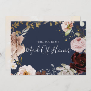 Modern Blush Floral Navy Maid Of Honor Card