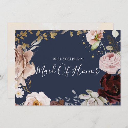 Modern Blush Floral  Navy Maid Of Honor Card