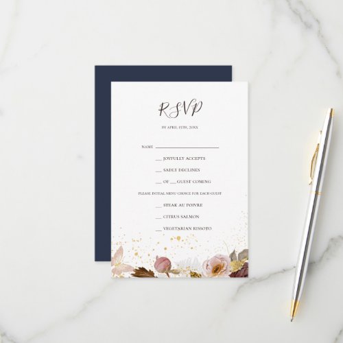 Modern Blush Floral  Navy Menu Choice RSVP Card