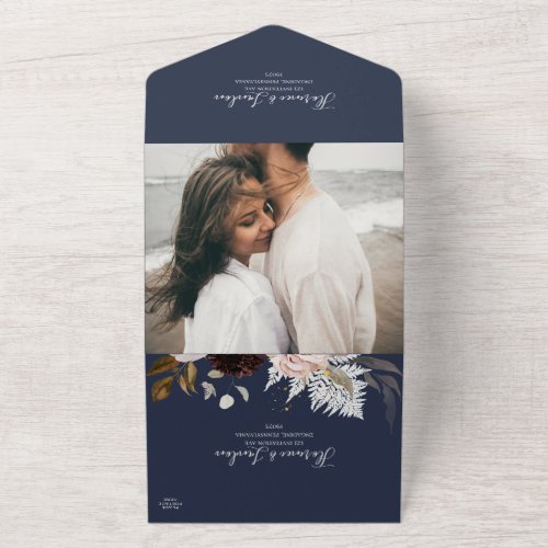 Modern Blush Floral  Navy Photo Seal And Send All In One Invitation