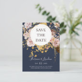 Modern Blush Floral Navy Save The Date Postcard (Standing Front)