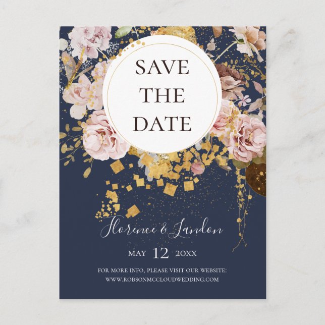 Modern Blush Floral Navy Save The Date Postcard (Front)