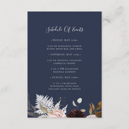 Modern Blush Floral  Navy Schedule Of Events Enclosure Card