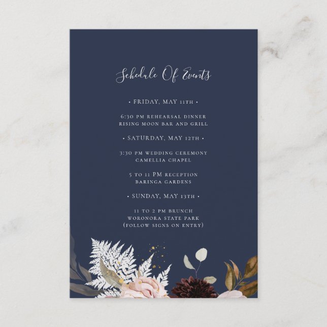 Modern Blush Floral | Navy Schedule Of Events Enclosure Card (Front)