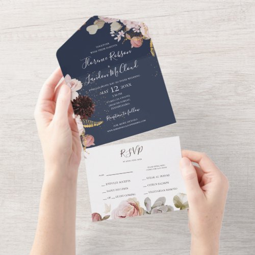 Modern Blush Floral  Navy Seal And Send All In One Invitation