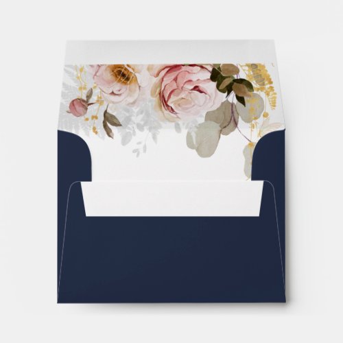 Modern Blush Floral  Navy Self Addressed RSVP Envelope