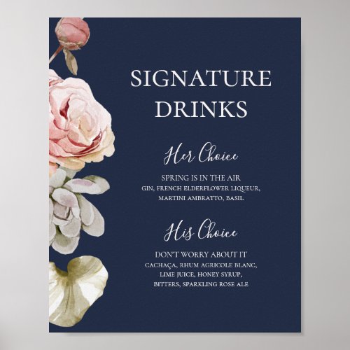 Modern Blush Floral  Navy Signature Drinks Poster