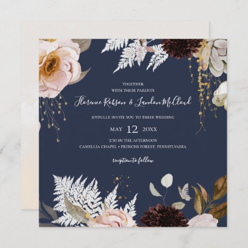 Modern Blush Floral  Navy Square Wedding Invitation