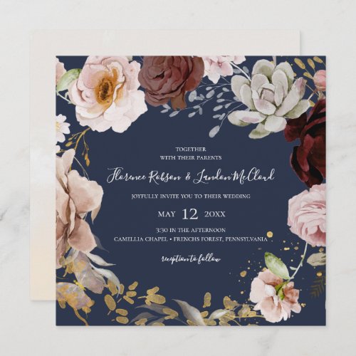 Modern Blush Floral  Navy Square Wreath Wedding Invitation