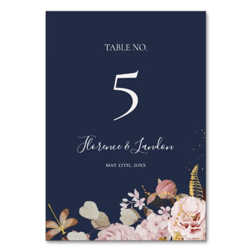 Modern Blush Floral  Navy Table Number