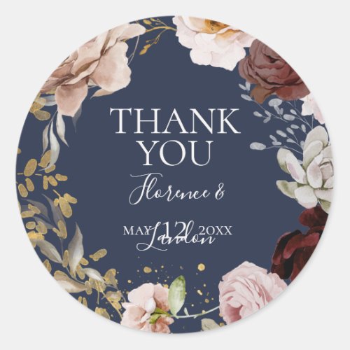 Modern Blush Floral  Navy Thank You Wedding Favor Classic Round Sticker