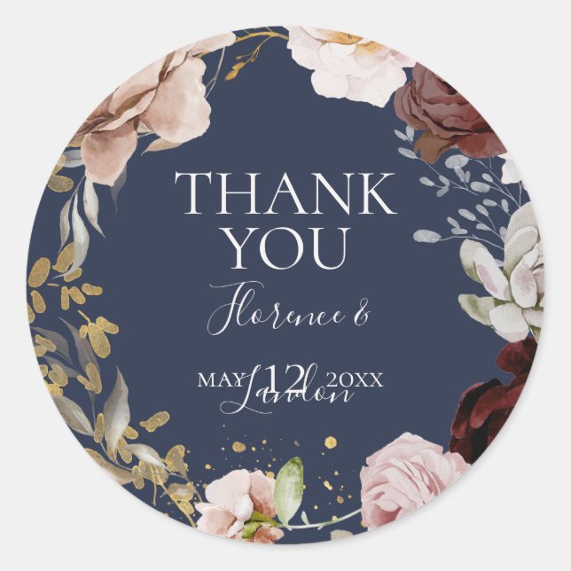 Modern Blush Floral | Navy Thank You Wedding Favor Classic Round Sticker (Front)