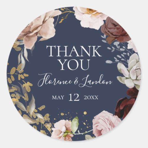 Modern Blush Floral  Navy Thank You Wedding Favor Classic Round Sticker