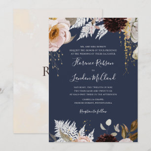 Modern Blush Floral   Navy Traditional Wedding Invitation