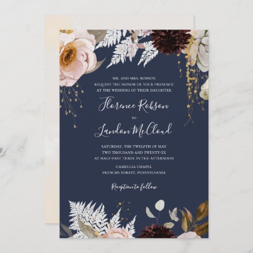 Modern Blush Floral  Navy Traditional Wedding Invitation