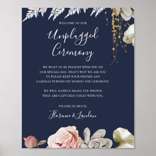 Modern Blush Floral  Navy Unplugged Ceremony Poster