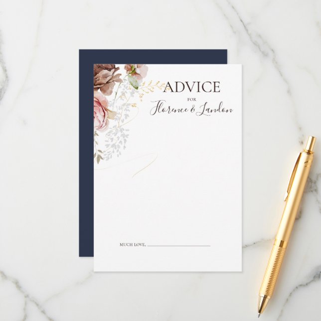 Modern Blush Floral | Navy Wedding Advice Card (Front/Back In Situ)