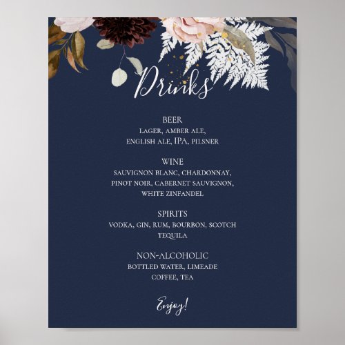 Modern Blush Floral  Navy Wedding Drinks Menu Poster