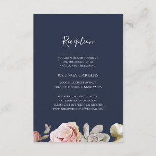 Modern Blush Floral Navy Wedding Reception Enclosure Card