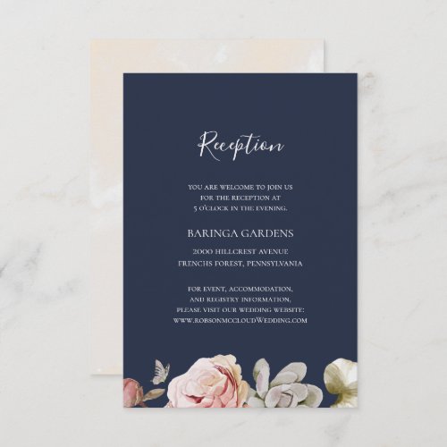 Modern Blush Floral  Navy Wedding Reception Enclosure Card