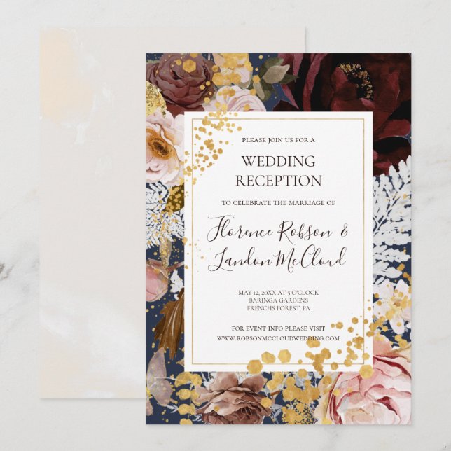 Modern Blush Floral | Navy Wedding Reception Invitation (Front/Back)