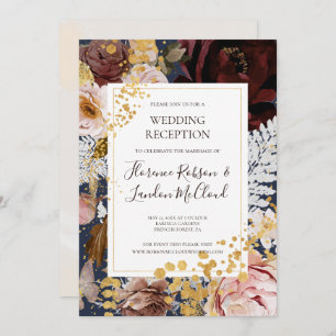 Modern Blush Floral Navy Wedding Reception Invitation
