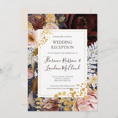 Modern Blush Floral  Navy Wedding Reception Invitation