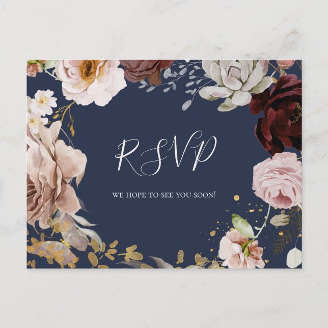 Modern Blush Floral | Navy Wedding RSVP Postcard (Front)