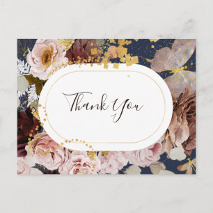 Modern Blush Floral Navy Wedding Thank You Postcard