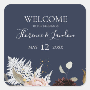 Modern Blush Floral Navy Wedding Welcome Square Sticker