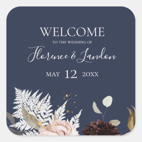 Modern Blush Floral  Navy Wedding Welcome Square Sticker