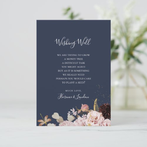 Modern Blush Floral  Navy Wedding Wishing Well Enclosure Card