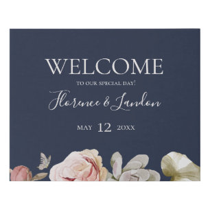 Modern Blush Floral Navy Welcome Faux Canvas Print