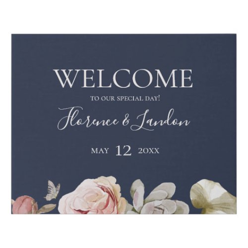 Modern Blush Floral  Navy Welcome Faux Canvas Print