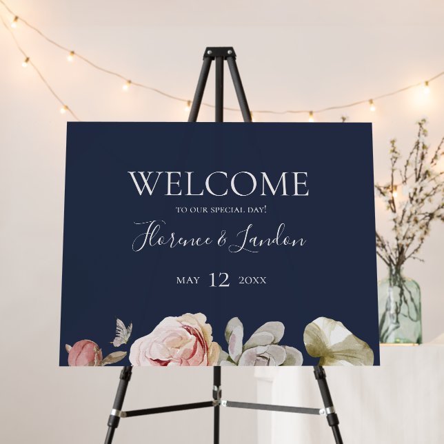 Modern Blush Floral | Navy Welcome Foam Board (In Situ (Stand))